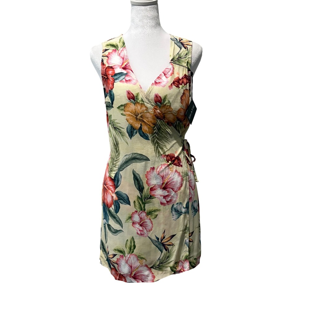 Skatie Wrap Dress Women XS Yellow Tropical Hibiscus Floral Sleeveless Mini Beach